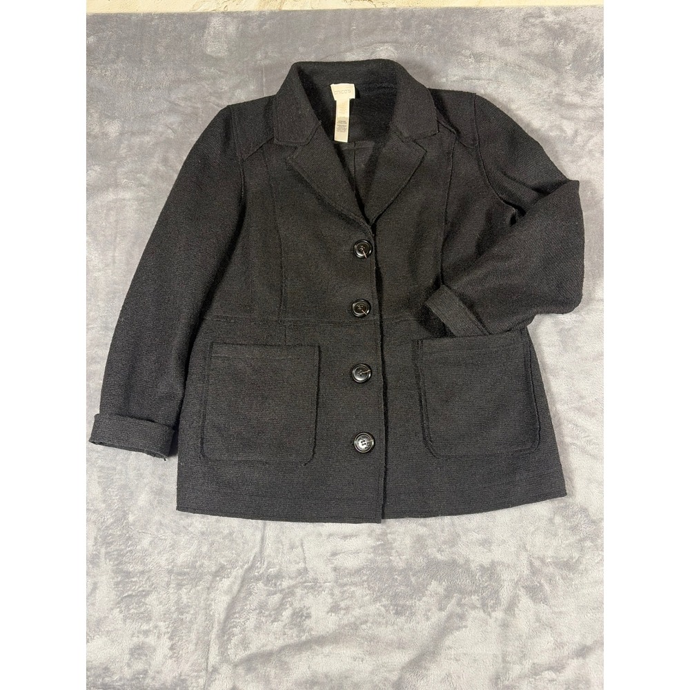 Chicos Black Wool Blend Knit Blazer Jacket Size 2 Large Button Front Pockets